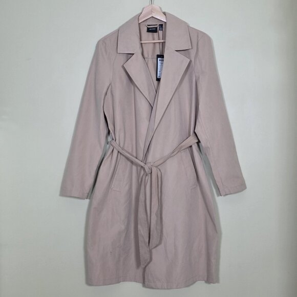 Vero Moda Wrap Coat Womens L Beige Belted Mid Length Pockets Lightweight Preppy - Picture 1 of 16